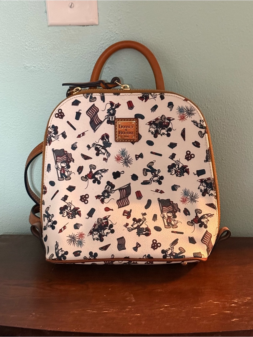 Dooney & Bourke White Patriotic Print Mini Backpack with Tan Trim - Picture 1 of 1